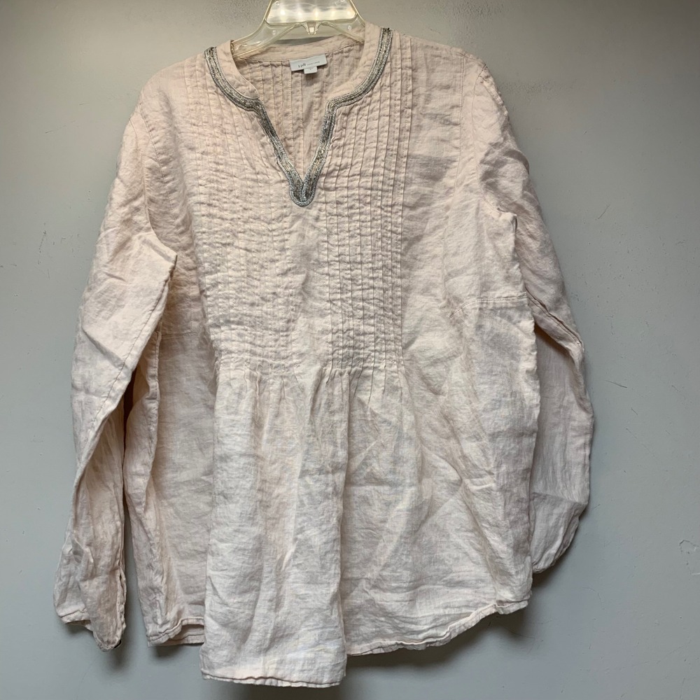 J. Jill Love Linen Tunic Womens L Pink Excellent Beaded Pintuck Split Neck Top